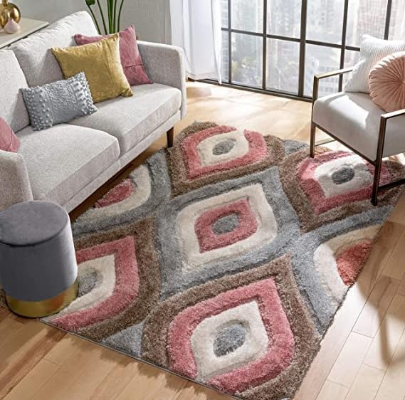 Image of Shaggy Rug for Bedroom Living Room 3X5 FEET Fluffy Plush Area Carpet with Non Slip Backing, Modern Cozy Floor Rug for Home Decor and Comfort (Pink /Grey /Ivory)