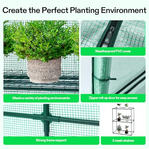 Image of VIVOSUN Lean-to Greenhouse, 6.6' x 3.3' x 6.9' Portable Wall House with Green PE Cover and Shelf for Compact Garden 79x39x83-Inch