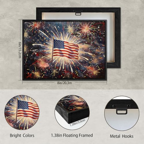 Image of American Flag Framed Canvas Wall Art, 4th of July Red White Blue Canvas Prints, USA Flag with Fireworks Patriotic Decorations, Modern Independence Day Wall Decor for Bedroom Living Room 6x8