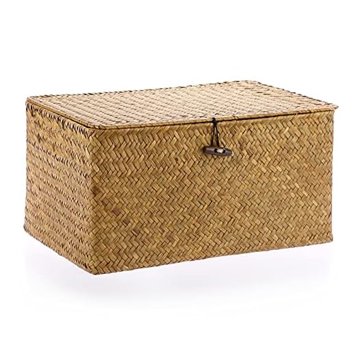 IGNPION - Cajas de mimbre trenzado con tapa, cajas portaobjetos de madera natural grande (L, 36 x 24 x 18 cm)
