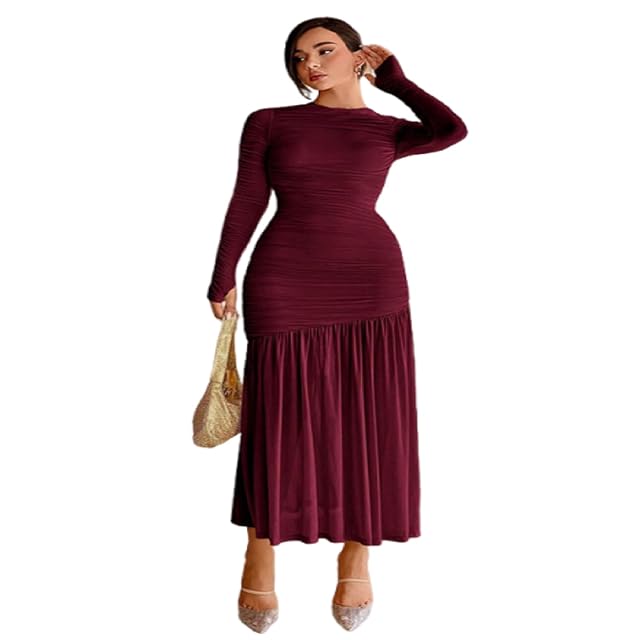 Womens Elegant Lace Ruffled Round Neck Solid Dress Slim Fit Casual Work Party Gown