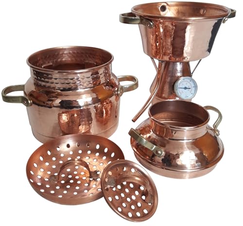 Dr. Richter Destille Alquitara aus Kupfer 2 Liter mit Thermometer - Modell mit 3 Sieben (anmeldefrei) | Destillieranlage für ätherische Öle, Hydrolate (Pflanzenwasser), destilliertes Wasser