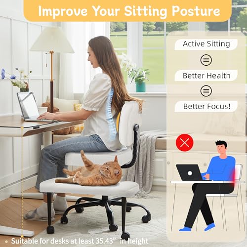 Image of Criss Cross Legged Office Chair with Wheels,Swivel Meditation Chair for ADHD,Ergonomic Desk Chair with Thicken Adjustable Footstool,Fabric Sitting Fidgeting Kneeling Chair for Home Yoga Offwhite
