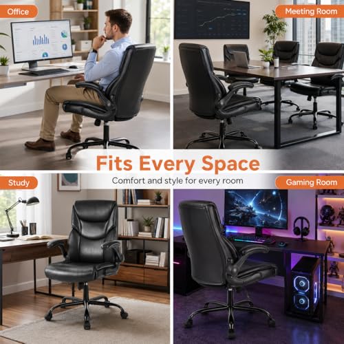 Image of Ergonomic PU Leather Office Chair - Executive Computer Desk Chair with Lumbar Support & Wide Seat, Adjustable Height Task Chair with 360 Swivel & Quiet Wheels for Home Office, Gaming, Black