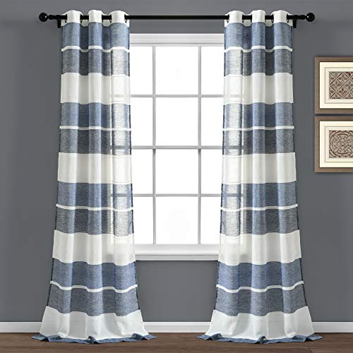 Lush Decor Navy Textured Striped Grommet Sheer Window Curtain Panel Pair (84" x 38"), 84" x 38, W 38" x L 84" (1 Panels)