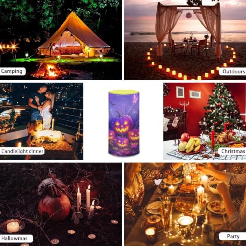 Image of Poceacles Halloween Flameless Light Candles Battery Operated Candles with Color Changing Timer Remote Control Tealights for Halloween Party Decor, Violet Pumpkin Butterfly Bat Print