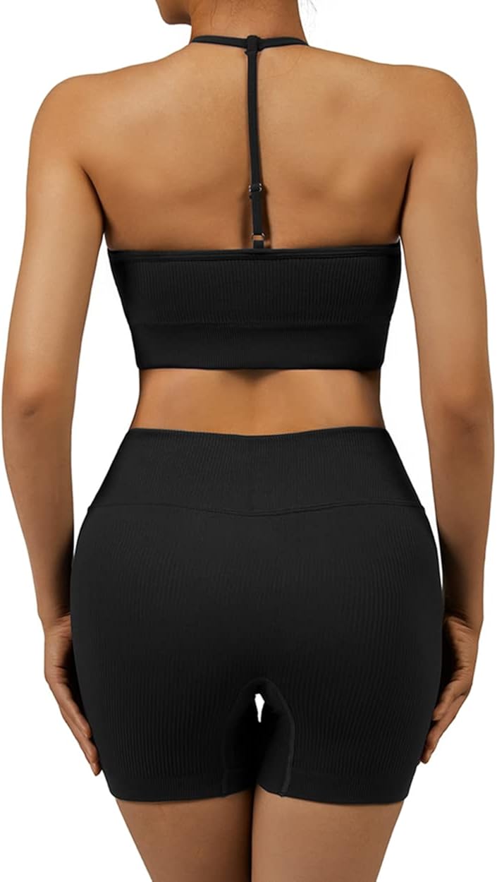 OMKAGI Conjuntos de entrenamiento para mujer, sin costuras, brasier deportivo, levantamiento de glúteos, pantalones cortos de entrenamiento,