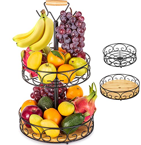 Etechmart Fruit Basket, Vegetables Countertop Bowl Storage With Banana Hanger, Detachable Bread, Snacks Baskets Holder Large Capacity Fruit Tray (Bamboo&Iron - 2 Tier) #TOP21