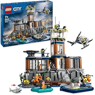 LEGO City Policja z Więziennej Wyspy, Zabawki Policyjne do Budowania dla 7-latka, Chłopca i Dziewczynki, Pojazdy Ratunkowe, Helikopter, Łódka i 7 Minifigurek, Prezent Urodzinowy dla Dzieci, 60419