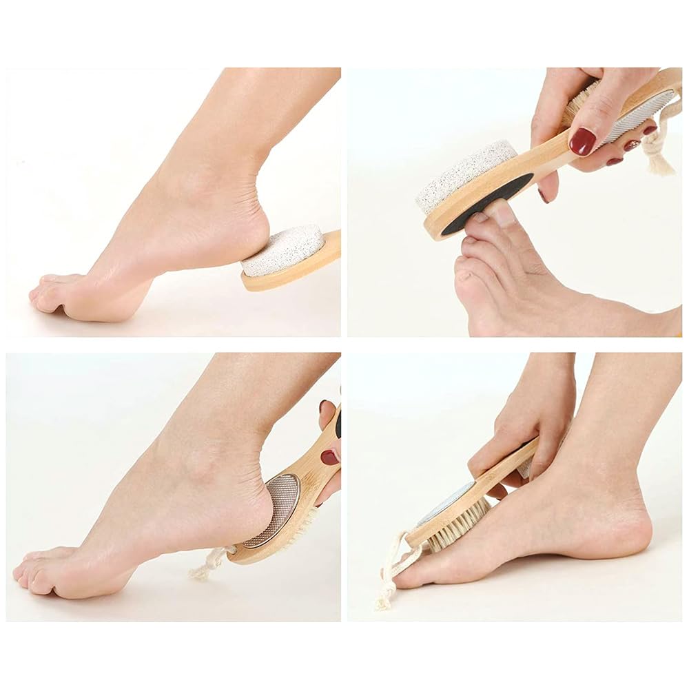 Spazzola per Piedi in Legno con Pietra pomice 4 in 1, rimozione Calli per Pelle Dura con Spazzola in setola per la Cura dei Piedi, Pietra pomice, raspa mentale per i Piedi