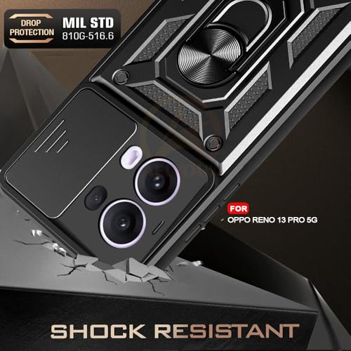 Image of Armor Bumper Back Cover Case for Oppo Reno 13 Pro 5G Rotating Camera Cover, Ring Holder & Kickstand | Heavy Duty & 360 Degree Protection Oppo Reno 13 Pro 5G Back Cover (Black)