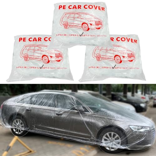 LuliKa 3 Packs Disposable Car Cover Clear Plastic Car Cover Universal Rain Dust Garage Cover with Elastic Band Medium (12.4 FT x 21.6 FT)