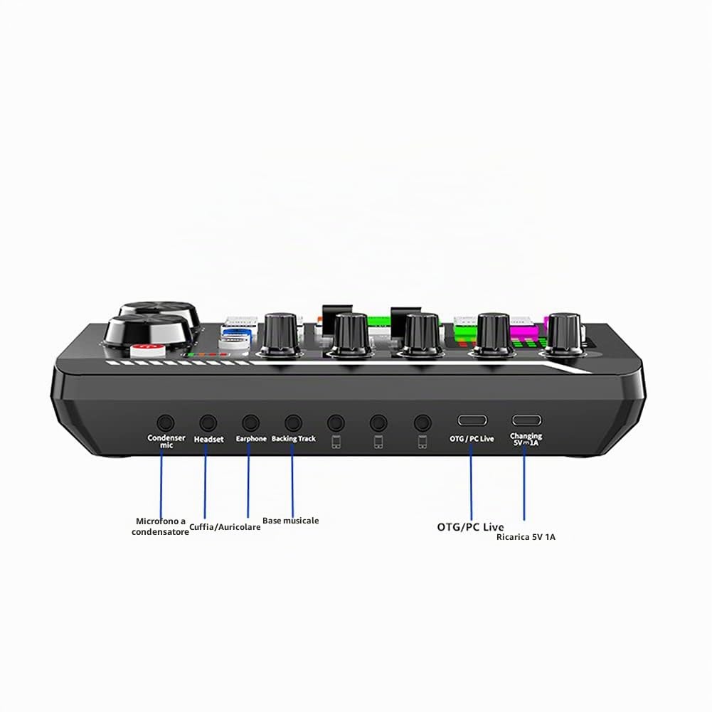 Audio Mixer Card Voice Changer, Audio Mixer DJ Mixer Board Adapter, DJ Equipment Streaming Podcast Scheda audio compatibile Bluetooth per telefono Computer Scheda audio Live con luce LED