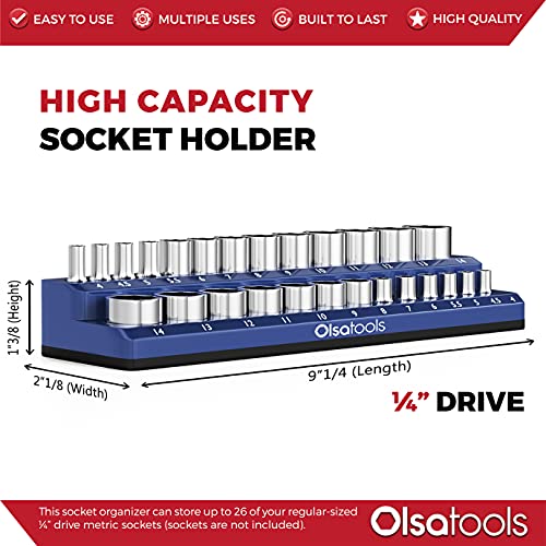 Image of Olsa Tools Magnetic Socket Organizer - 1 /4-Inch Drive Metric Socket Holder with Strong Magnets - Professional Tool Holder and Organizer - Stores up to 26 Sockets - Blue - Part: 1072