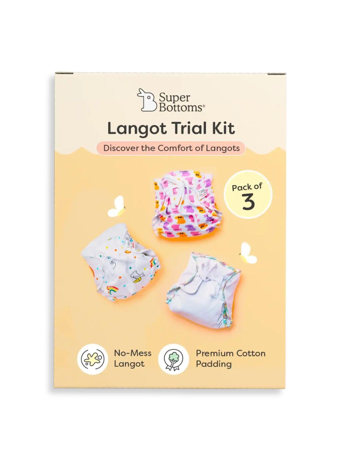 SuperBottoms DryFeel Baby Langot 0-6 months l Organic Cotton Modern Baby Nappy l Mess-free Langot with Gentle Elastics l Super DryFeel Top Layer l Diaper-free Time Essential | 3 Pack
