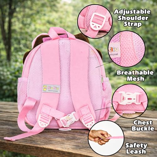 Image of WISHKEY Kids Bag for Boys & Girls (2-5 Years) Picnic Bags for Girls Water Resistant Lightweight Small Size with Safety Leash, Chest Buckle & Adjustable Straps Pink