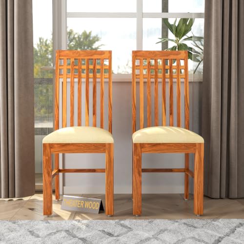 Image of Solid Sheesham Wood Dining Chair Set of 2 | Premium Wooden Dining Chairs with Cushioned Seat | Elegant Vertical Slatted Backrest | Heavy Duty Dining Table Chairs for Kitchen