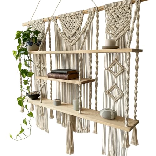 Image of Decazone Large 3-Tier Macrame Wall Hanging Shelf | Handmade Wooden Bookcase & Boho Wall Decor | Rustic Storage Organizer for Home, Office, School, Study Room Open Display & Utility
