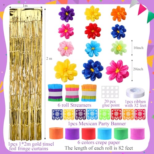 Image of TaoBary 28 Pcs Mexican Party Decorations Set Mexican Paper Flowers Fiesta Ruffled Streamer Backdrop Papel Picado Banner Mexico Party Decorations for Cinco De Mayo Decor(Multicolored,Fresh)