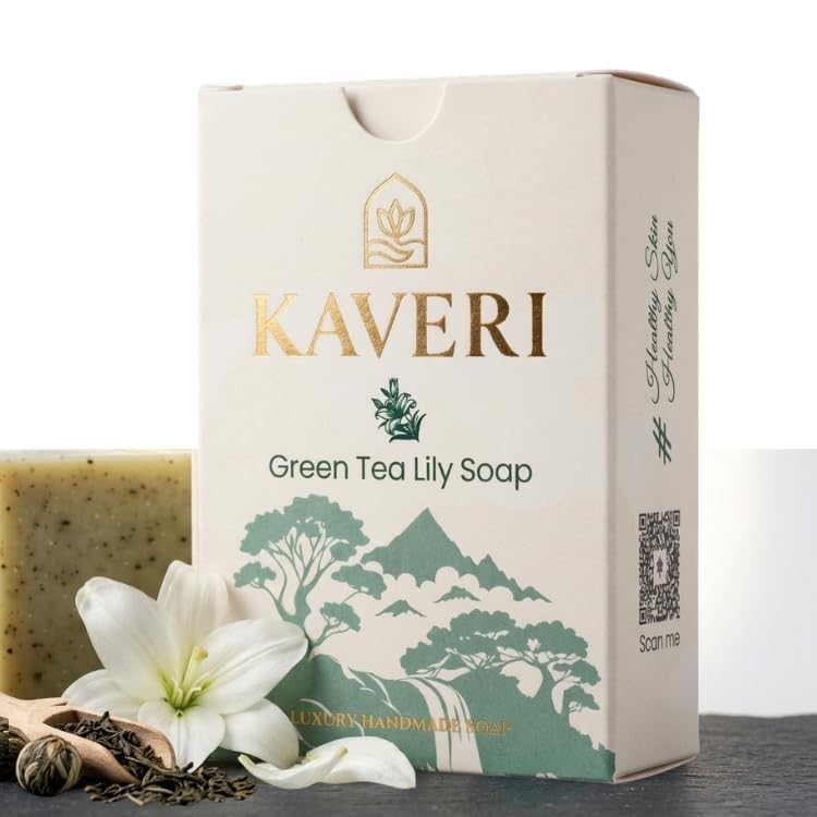 Image of KAVERI Green Tea & Lily Handmade Soap Bar - Cold-Processed Antioxidant Bar, SLS-Free - 110g