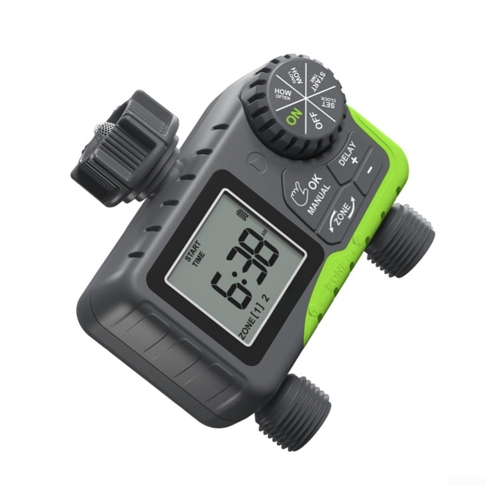 Timer automatico dell'acqua a 2 zone, regolatore con ritardo di pioggia, per sistemi di irrigazione da giardino del Regno Unito, display LCD digitale (B)