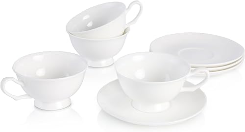 Juego de tazas de espresso y platillos de porcelana fina de hueso, 140 ml de lujo en cerámica blanca clásica y sencilla, juego de 4, para boda, té