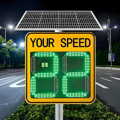 Solar Powered LED Radar Speed Limit Sign - 60x60cm Traffic Feedback Display with Accessories, 2-Digit Speed Warning Board, Solar Radar Sign for Road Safety