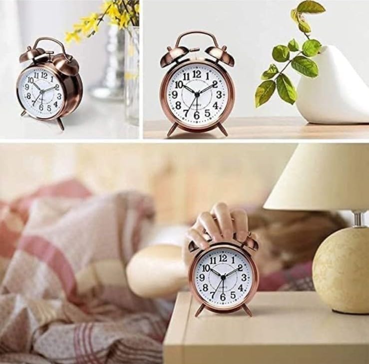 Image of Vintage Twin Bell Alarm Clock, Classic Retro Metal Table Clock, Roman Numeral Analog, Battery Operated, Antique Style, for Bedroom, Bedside, Office, Two Colour Bronze & Copper (Copper with Number)