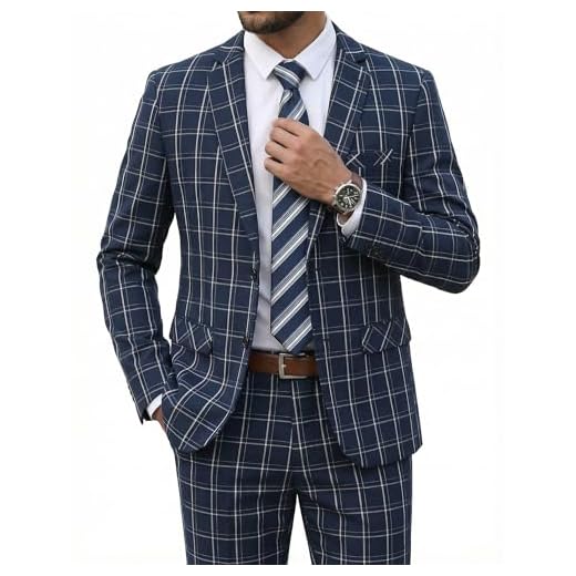 COOFANDY Ternos masculinos de 2 peças, ajuste clássico, 2 botões, smoking, blazer para casamento, negócios, jantar, formatura, Azul marinho (xadrez), P