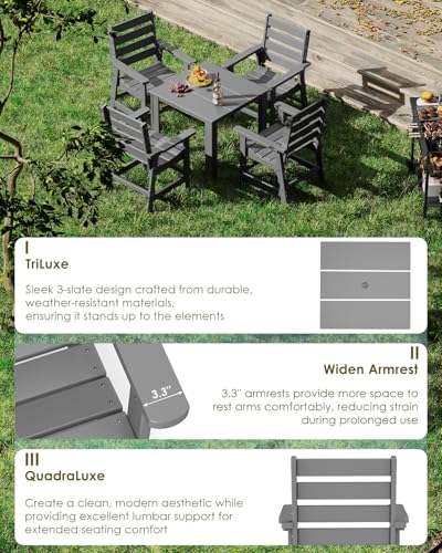 Image of GREENVINES 5-piece Patio Dining Set, HDPE Square Table & 4 Chairs, Gray