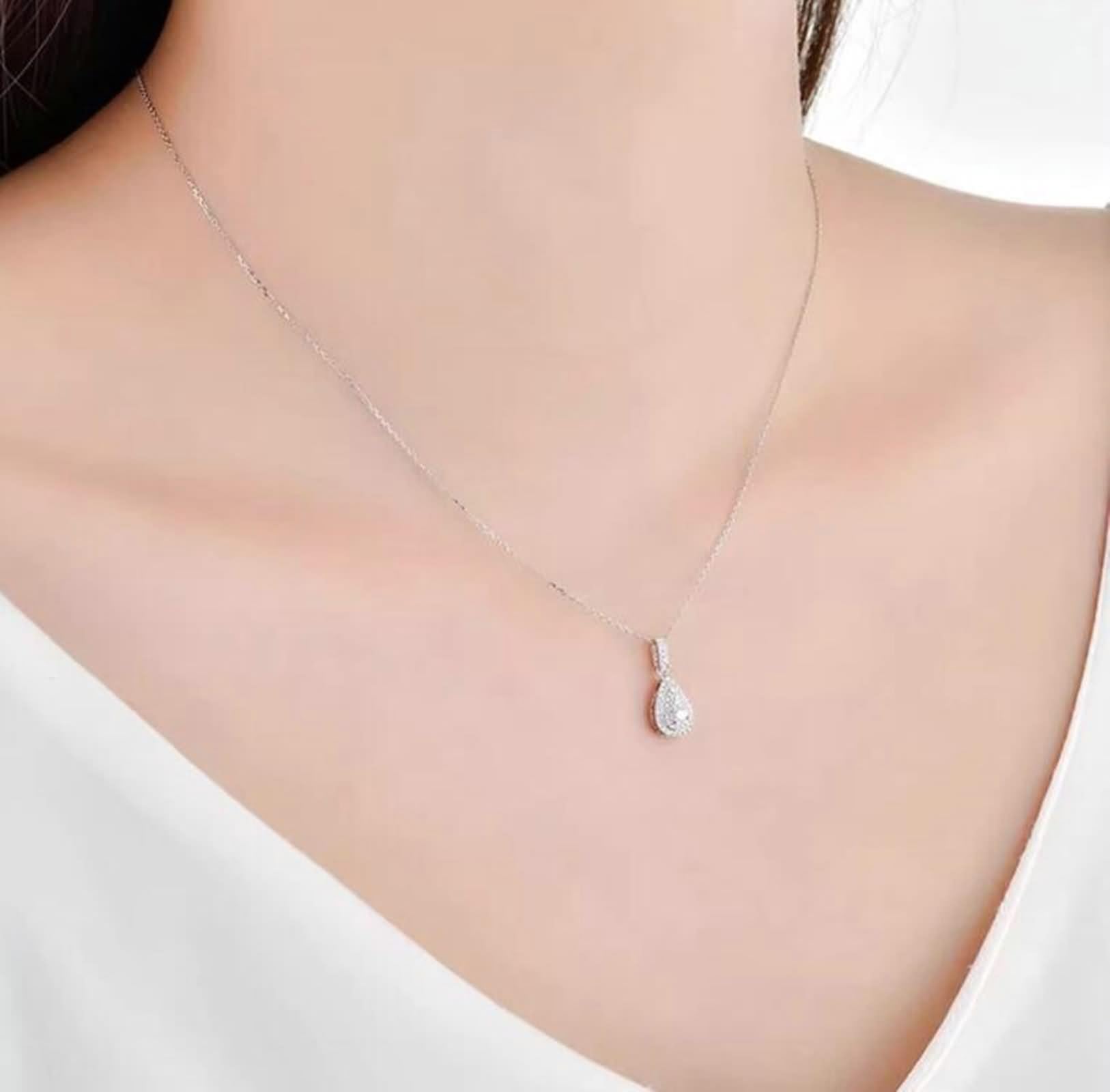 Collar con colgante de metal, collar largo con colgante para mujer con diamante en forma de pera de 0,15 quilates, oro blanco y platino de 9/14/18 quilates