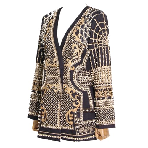 Women's Fashion Printed V-Neck Beaded Small Suit Long Sleeve Nail Loose Suit Jacket3