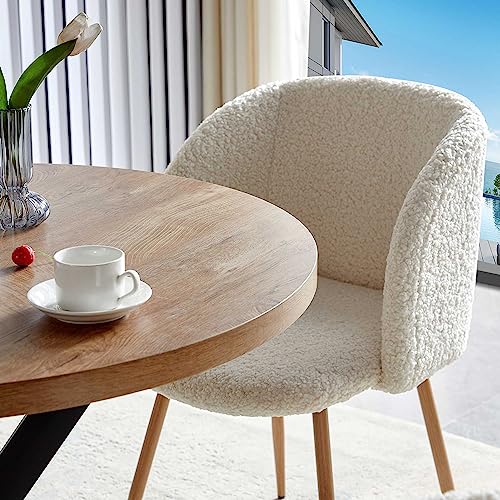 NORDICANA 3 Piece Dining Table and Chair Set, 37-Inch Engineered Wood Round Table Set, Off White Faux Fur Armchairs with Wood Grain Metal Leg for Small Spaces - Thumbnail 2