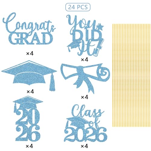 Image of Graduation Centerpiece Sticks 24PCS Glitter Grad Picks Party Table Decor Senior High School College Sign Light Blue