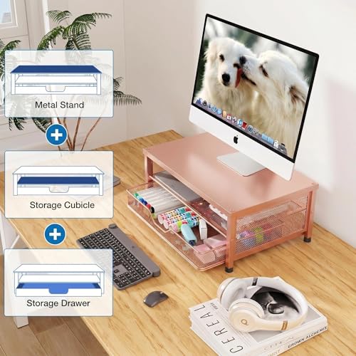 Image of OPNICE Computer Monitor Stand Riser, Desk Organizer with Drawer, Printer & Laptop Stand, Office Desk Accessories & Workspace Desktop Organizers Storage for Office Supplies(Rose Gold)