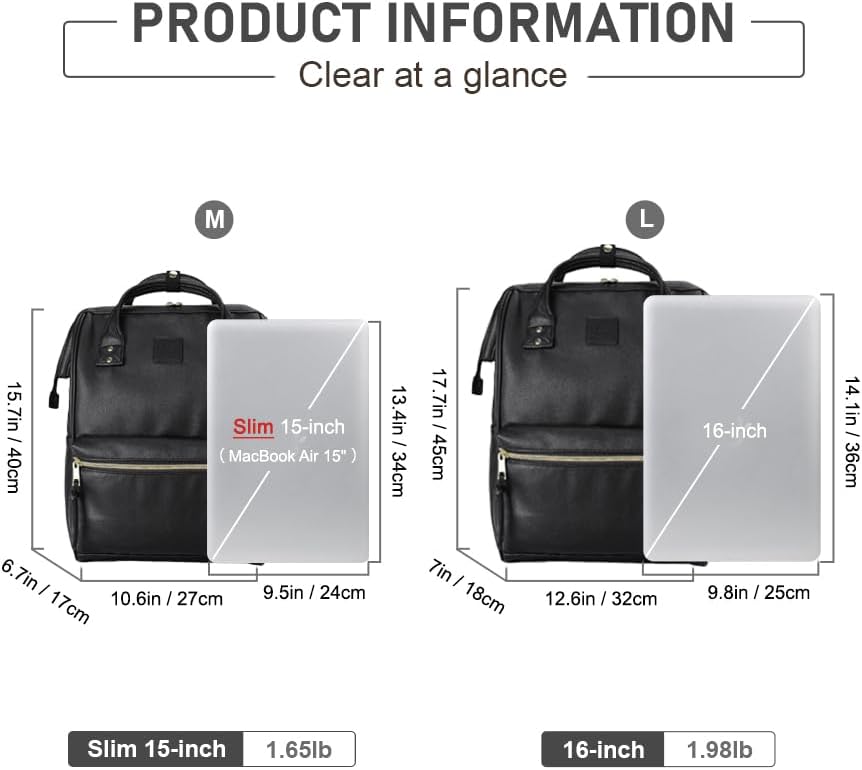 Miniatura 4 de Kah&Kee - Mochila de cuero con compartimento para laptop, ideal para viajes, escuela, para mujeres y hombres, Negro), PU1211