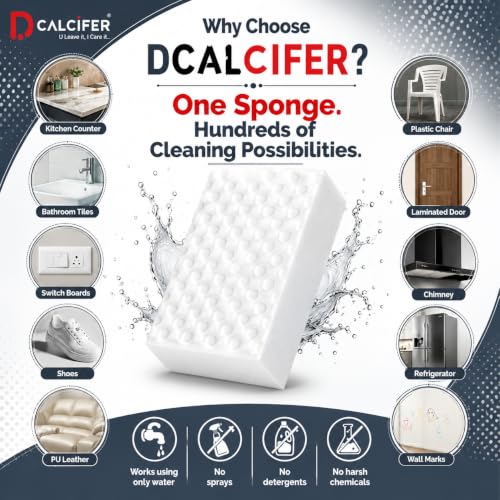 Image of Dcalcifer Magic Eraser | Pack of 4 | Scratch Free Multi - Surface Cleaning Sponge | Removes 100+ Tough Stains | Just Add Water | Removes Wall Marks, Kitchen Grease, Shoe Stains & Switch Board Dirt