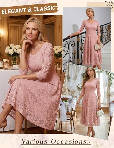 Image of Dressystar Womens Long-Sleeve Wedding Guest Dress A-Line Lace Formal Party Cocktail Midi Dress Prom Gown