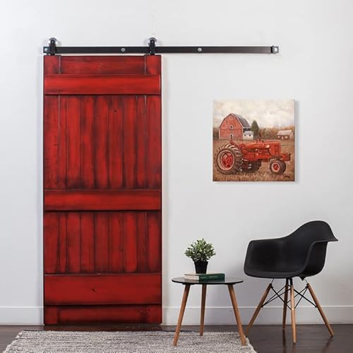 Red Old Tractor Picture Rustic Red Barn Wall Art Print Farmhouse Canvas Painting Framed Vintage French Country Posters For Living Room Kitchen Dining Room Bedroom Home Decorations 24"X24" Square #TOP2