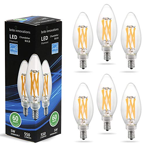 Brite Innovations E12 LED Dimmable Bulbs 6 Pack - 60 Watt Equivalent - for Chandelier and Candelabra Sconces, Torpedo Tip â€“ 5000K Bright White Light, 5W Filament, 120v, 550 Lumens