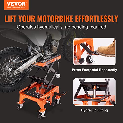 VEVOR Hydraulic Motorcycle Lift Table, 350 lbs Capacity Motorcycle Scissor Jack Lift with Wide Deck, J-Hooks, 4 Wheels, Hydraulic Foot-Operated Jack Stand for ATV Dirt Bikes