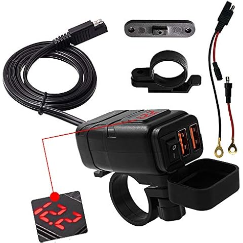SAE to USB Adapter Motorcycle Handlebar Phone Charger Waterproof BUENNUS Smart Quick Charge 3.0 Easy Disconnect Power Outlet Plug with Voltage Meter Dual QC3.0 USB Charger Cover