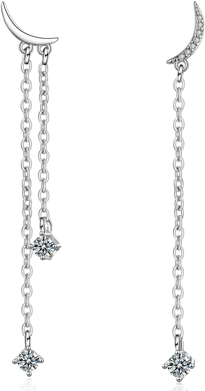 14K Asymmetric Star and Double Moon Moissanite Earrings for Women, Dangling Tassel Earrings,Unique Jewelry for Trendy Women