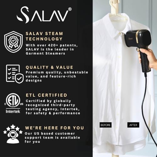 SALAV&reg; Quicksteam Portable Travel Hand Held Garment Steamer for Clothes, 10 seconds Fast Heating Time, Removes Wrinkles on Clothes and Fabrics, No Drip Steam, Stainless Steel Plate