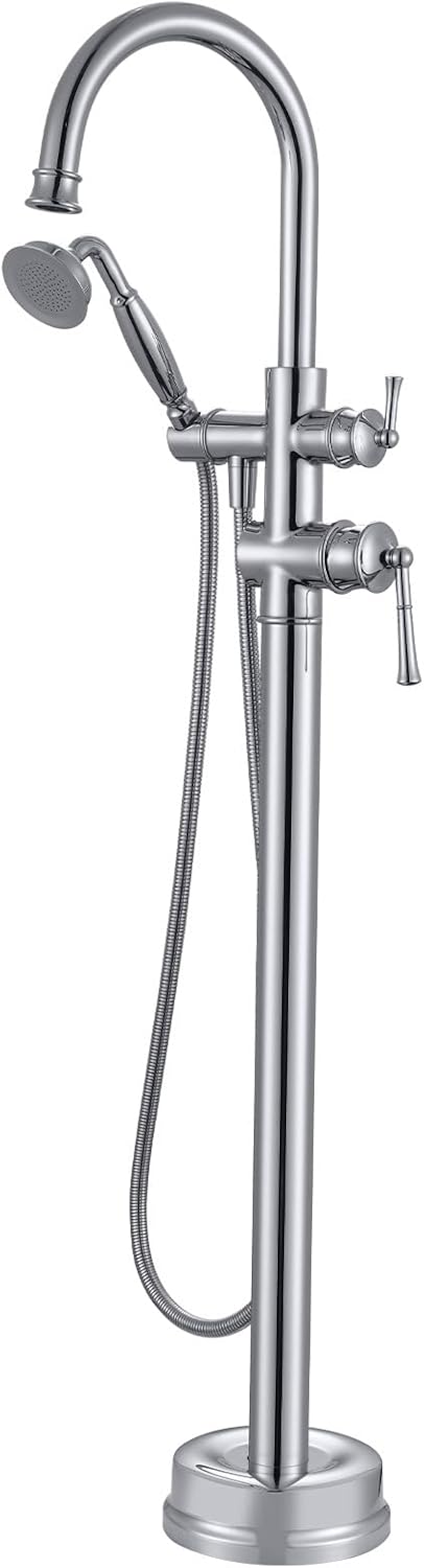 Freestanding Bathtub Faucet, Floor Mount Tub Faucet Brushed Nickel High Flow Tub Filler, Roman Tub Faucet with Antique Handheld, Swivel Gooseneck Spout Shower Mixer Taps (B2311-BN)