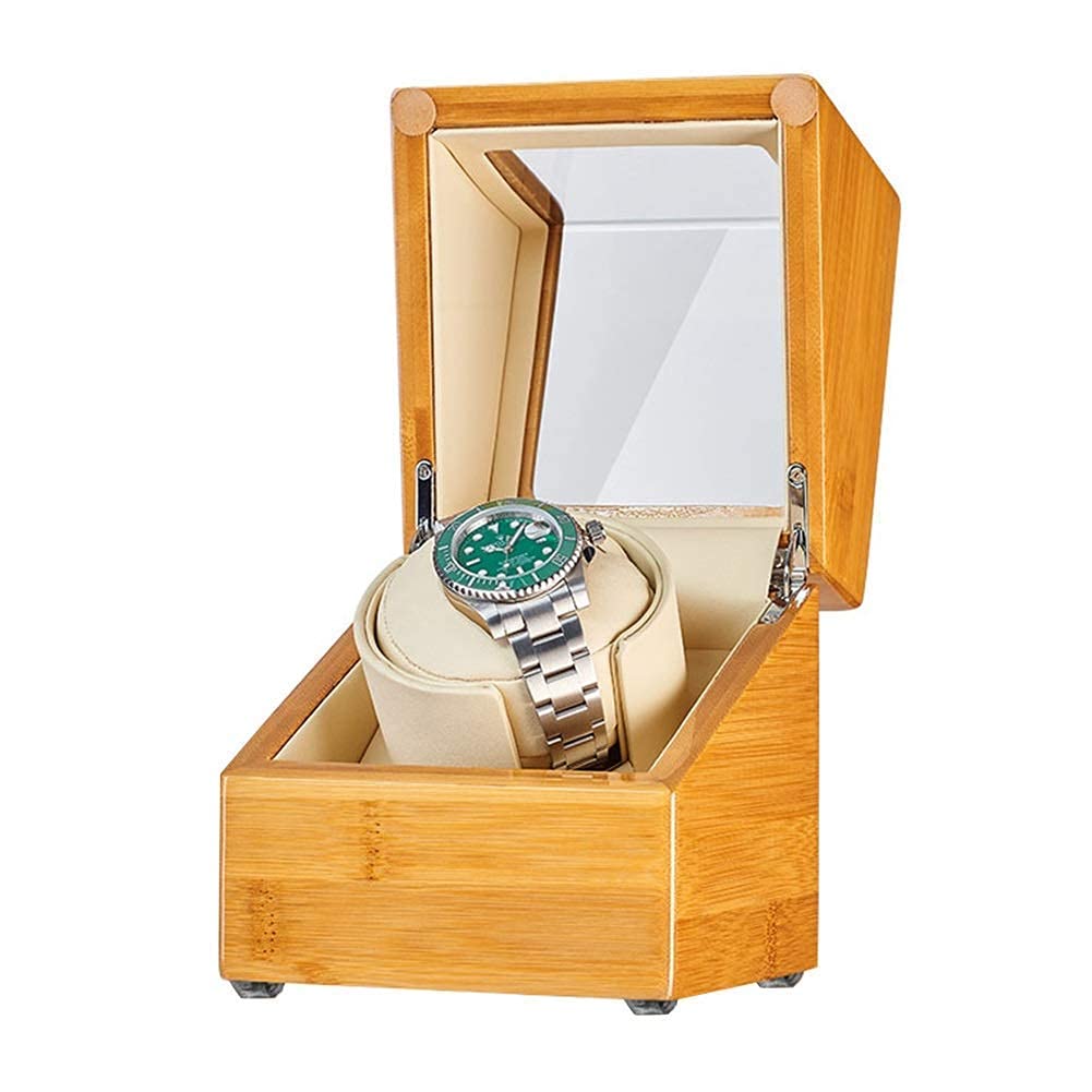 OLSKFUH Bamboo Wooden Automatic Watch Winder Box Soft Flexible Watch Pillow Adapter And Battery Powered Quiet Motor,