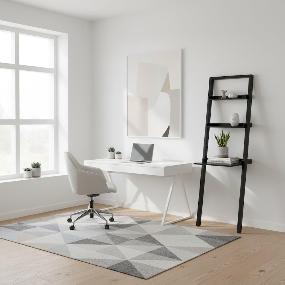 Black Leaning Ladder Desk with Shelves, Wall Desk Computer Table in Solid and Composite Wood for Compact Home Office and Study Spaces