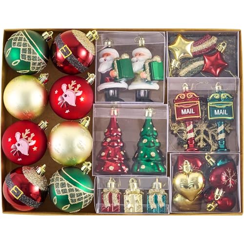 Valery Madelyn Weihnachtskugeln Set, 40pcs Christbaumkugeln Kunststoff Weihnachtskugel Rot Grün Weihnachtsdeko mit Geschenkpaket Aufhänger… – Ansicht 1