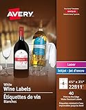 Avery Water-Resistant Wine Bottle Label for Laser and Inkjet Printers, 4.25" x 3.5", White, Permanent, 40/Pack (22811)