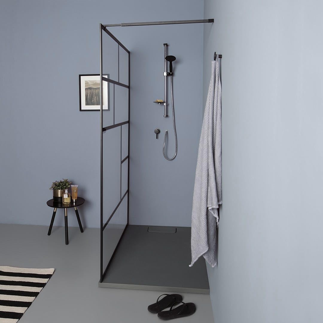 Kiamami Valentina - Parete Doccia Walk In Da 140Cm Trasparente Con Decorazione Nero Opaco